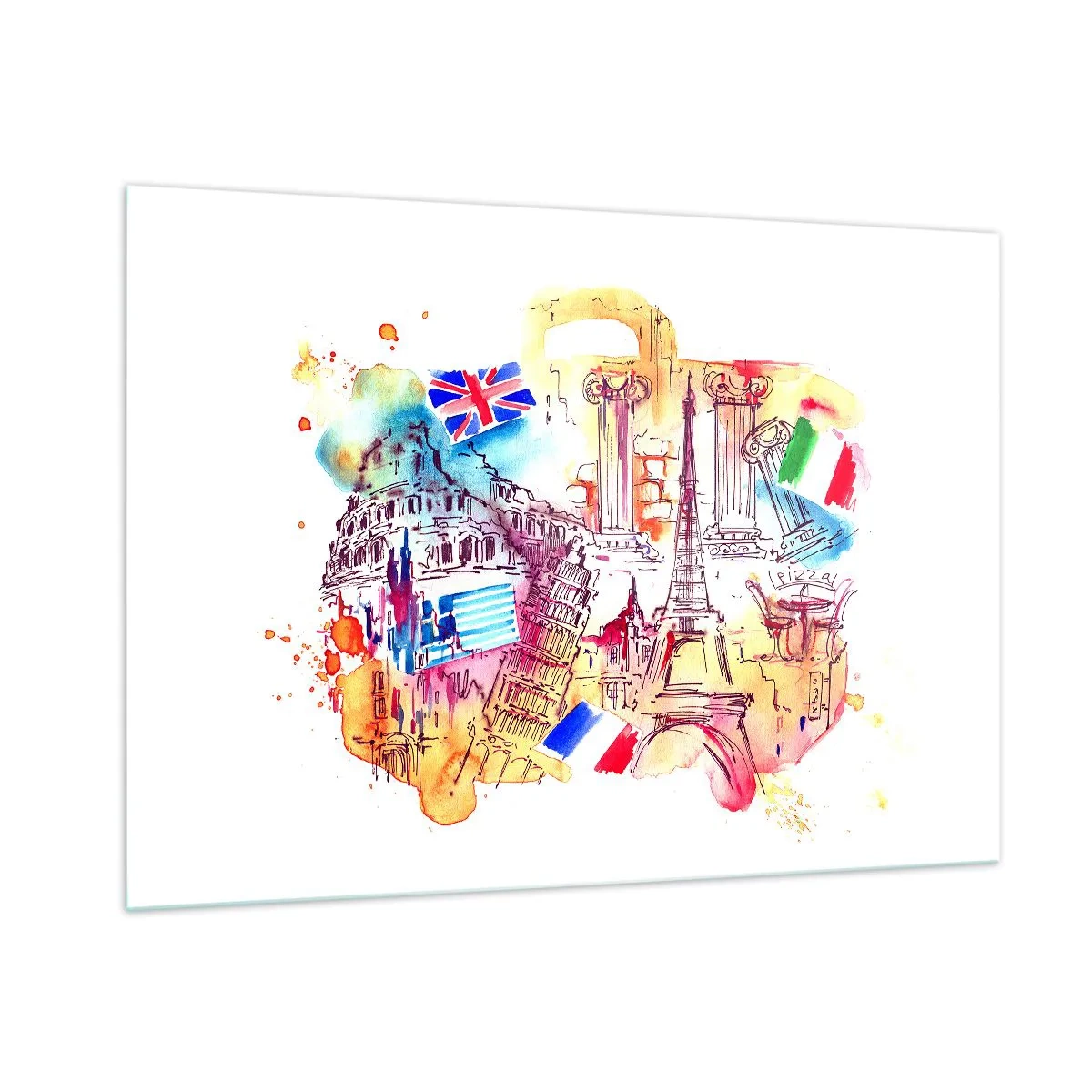 Cuadro sobre vidrio - Impresiones sobre Vidrio - Acuarela de monumentos europeos con banderas de países. - 100x70cm - Gira europea - Decoración de pared moderna para salón y dormitorio ARTTOR