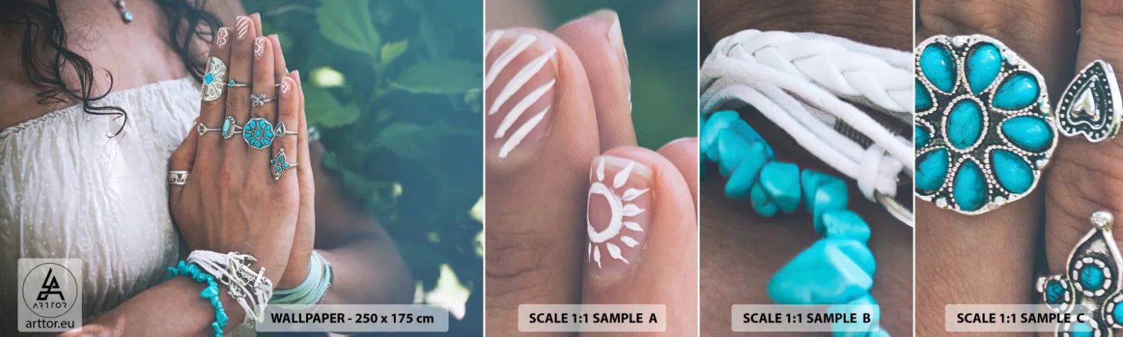 Muestra de fotomural autoadhesivo Deluxe Sticker - Conocimiento interior - Mujer, Joyas, bohemia - 100x30 cm