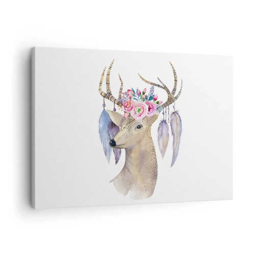 Cuadro sobre lienzo - Impresión de Imagen - Gráfico romántico de ciervo con flores y plumas. - 70x50cm - Guía del alma - gentil, inocente - Decoración de pared moderna para salón y dormitorio ARTTOR