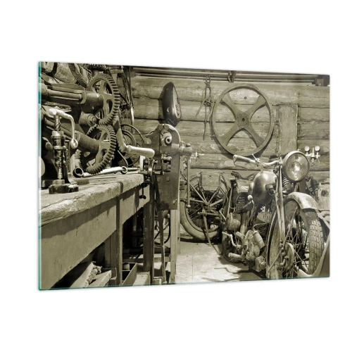 Cuadro sobre vidrio - Impresiones sobre Vidrio - Un taller con herramientas antiguas y una motocicleta vieja. - 120x80cm - En el trastero del abuelo - Decoración de pared moderna para salón y dormitorio ARTTOR