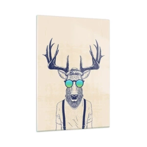 Cuadro sobre vidrio - Impresiones sobre Vidrio - Un elegante ciervo con gafas de sol sobre un fondo claro. - 50x70cm - ¿Y a quién esperabas? - Decoración de pared moderna para salón y dormitorio ARTTOR