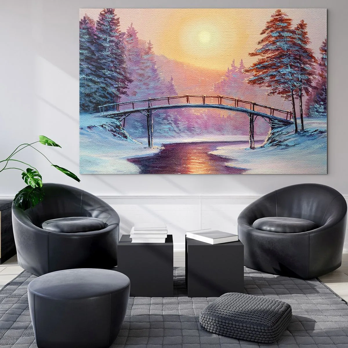 Cuadro sobre vidrio - Impresiones sobre Vidrio - Paisaje invernal con un puente sobre un río al atardecer - 70x50cm - Las cuatro estaciones: el invierno - Decoración de pared moderna para salón y dormitorio ARTTOR
