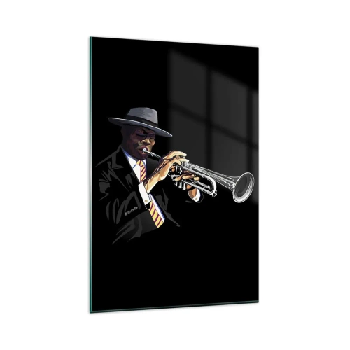 Cuadro sobre vidrio - Impresiones sobre Vidrio - Un músico tocando la trompeta sobre un fondo negro. - 80x120cm - El encanto de la vieja escuela - Decoración de pared moderna para salón y dormitorio ARTTOR