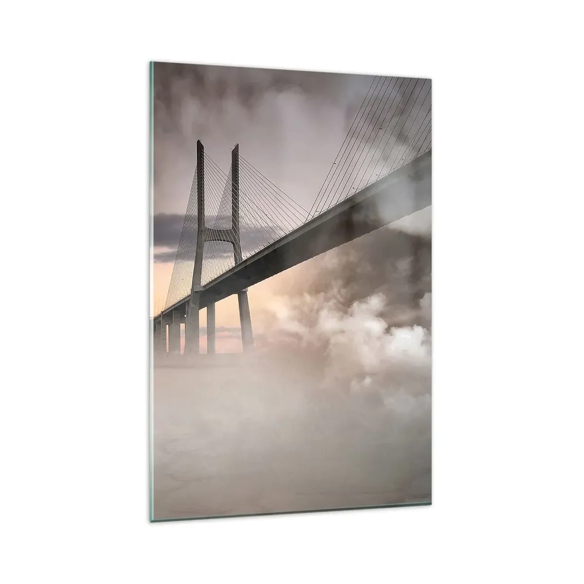 Cuadro sobre vidrio - Impresiones sobre Vidrio - Un puente sobre un río rodeado de niebla por la mañana. - 80x120cm - Junto al río que no existe - Decoración de pared moderna para salón y dormitorio ARTTOR
