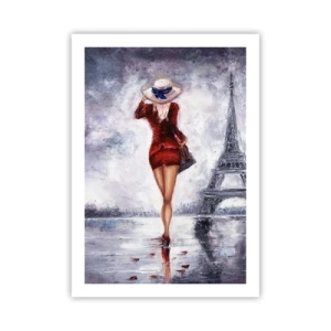 Póster - Una mujer con un vestido rojo caminando hacia la Torre Eiffel. - 50x70cm - Símbolos parisinos - Decoración de pared moderna para salón y dormitorio ARTTOR