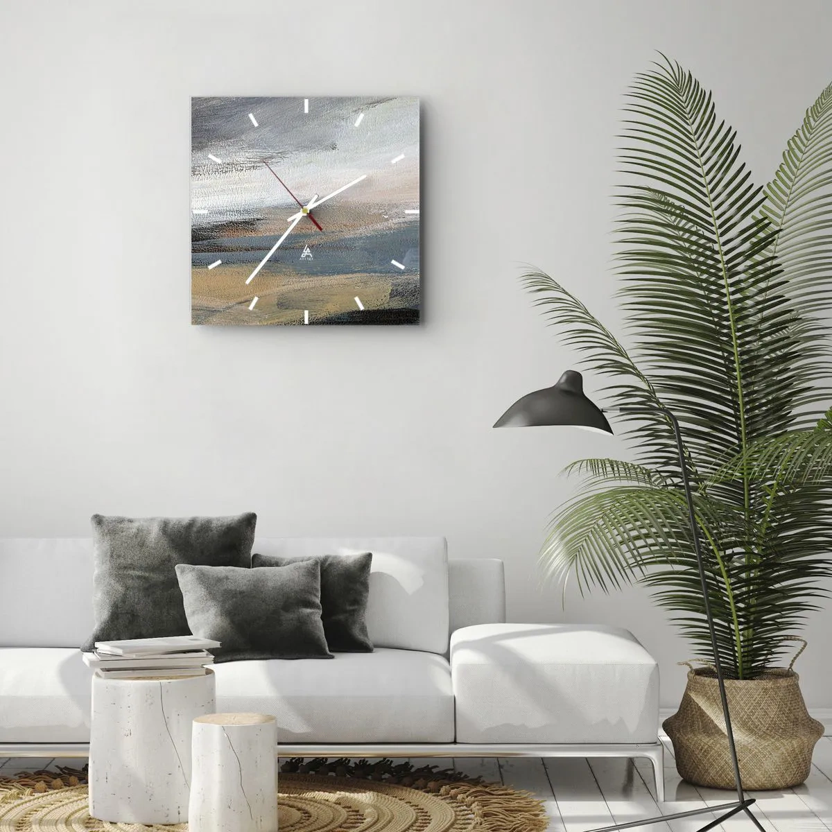 Reloj de pared - Reloj de vidrio - Paisaje abstracto en tonos tenues de azul y beige. - 30x30cm - Abstracción: paisaje nórdico - Decoración de pared moderna para salón y dormitorio ARTTOR