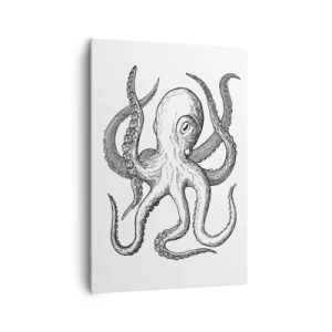 Cuadro sobre lienzo - Impresión de Imagen - Dibujo en blanco y negro de un pulpo sobre un fondo blanco en estilo vintage. - 70x100cm - Bailando con olas - Decoración de pared moderna para salón y dormitorio ARTTOR