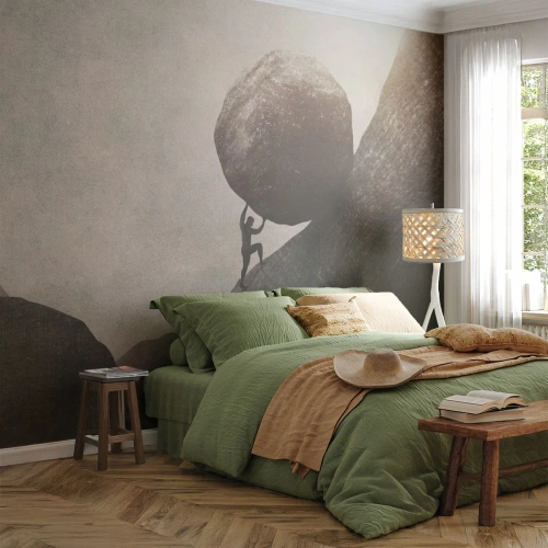 Fotomural Premium Sand - Una figura empujando una roca cuesta arriba en un paisaje accidentado. - 100x70cm - Creo, contra toda esperanza - Decoración de pared moderna para salón y dormitorio ARTTOR