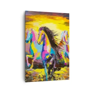 Cuadro sobre lienzo - Impresión de Imagen - Caballos coloridos galopando con el sol poniente como telón de fondo - 70x100cm - Sumergido en un arco iris - Decoración de pared moderna para salón y dormitorio ARTTOR