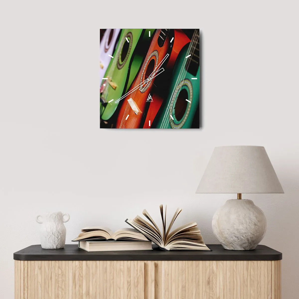 Reloj de pared - Reloj de vidrio - La guitarra tiene muchos colores - 40x40 cm