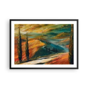 Póster en marco negro - Paisaje toscano con campos, camino y cipreses. - 70x50cm - Paisaje toscano - Decoración de pared moderna para salón y dormitorio ARTTOR