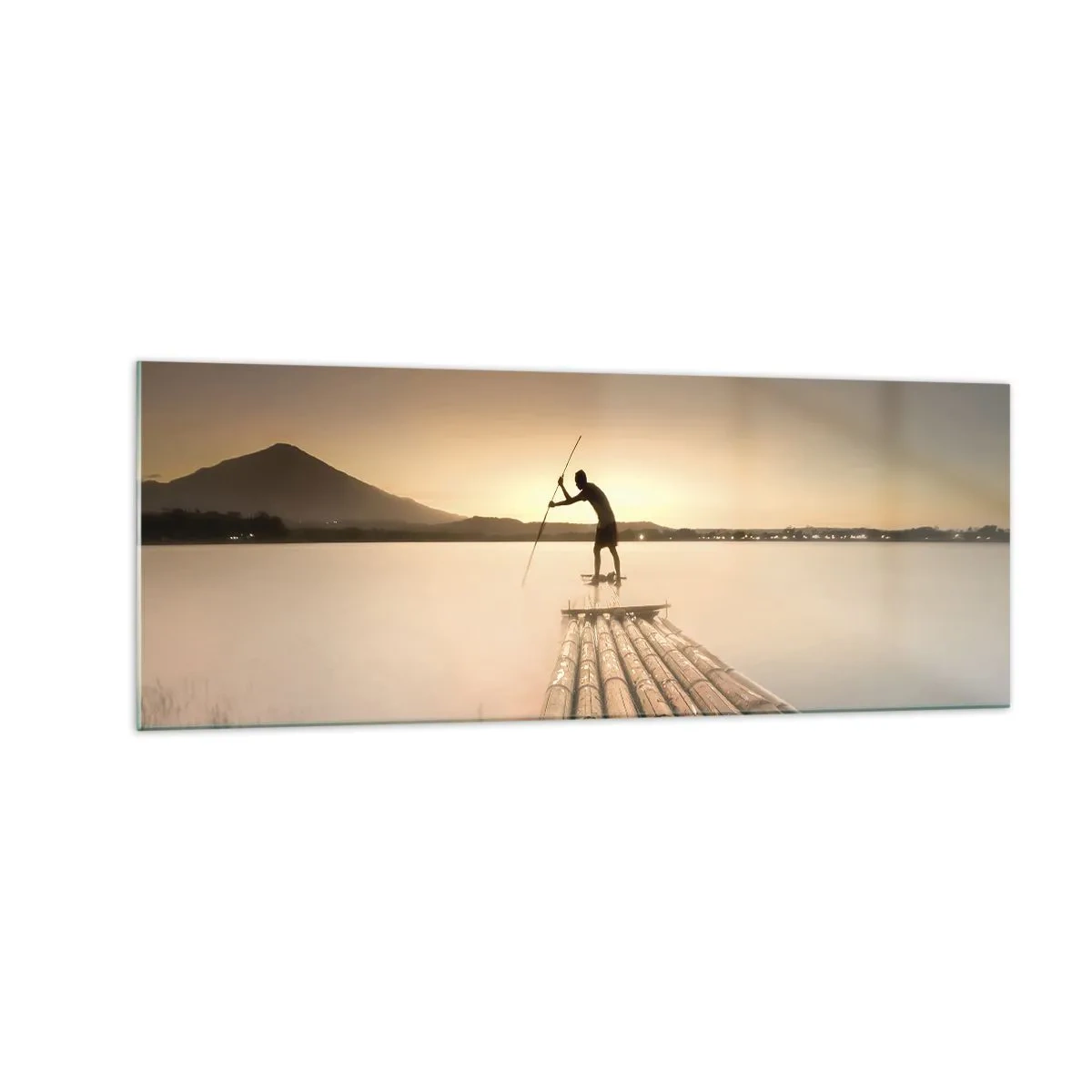 Cuadro sobre vidrio - Impresiones sobre Vidrio - Hombre en una balsa al atardecer - 140x50cm - Antes del descanso - Decoración de pared moderna para salón y dormitorio ARTTOR