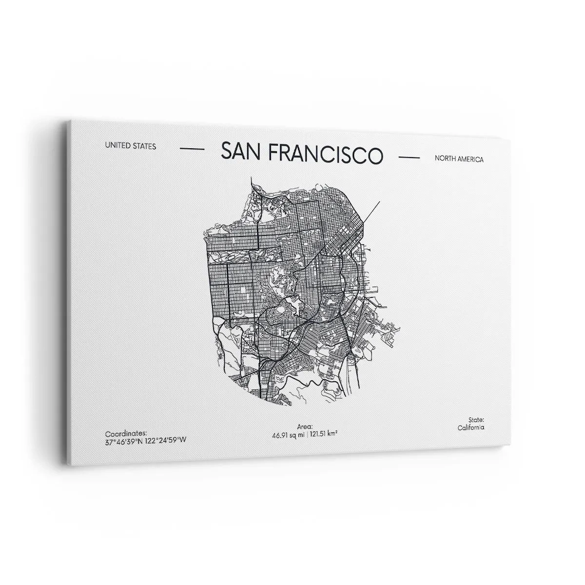 Cuadro sobre lienzo - Impresión de Imagen - Un mapa de San Francisco en un estilo minimalista en blanco y negro. - 120x80cm - Anatomía de San Francisco - Decoración de pared moderna para salón y dormitorio ARTTOR