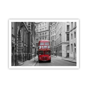 Póster - Un autobús rojo sobre un fondo de edificios de la ciudad en blanco y negro. - 100x70cm - La vida cotidiana no tiene por qué ser gris - Decoración de pared moderna para salón y dormitorio ARTTOR