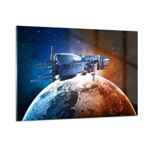 Cuadro sobre vidrio - Impresiones sobre Vidrio - Una nave espacial orbitando un planeta a la luz de las estrellas. - 120x80cm - Un observador atento - Decoración de pared moderna para salón y dormitorio ARTTOR