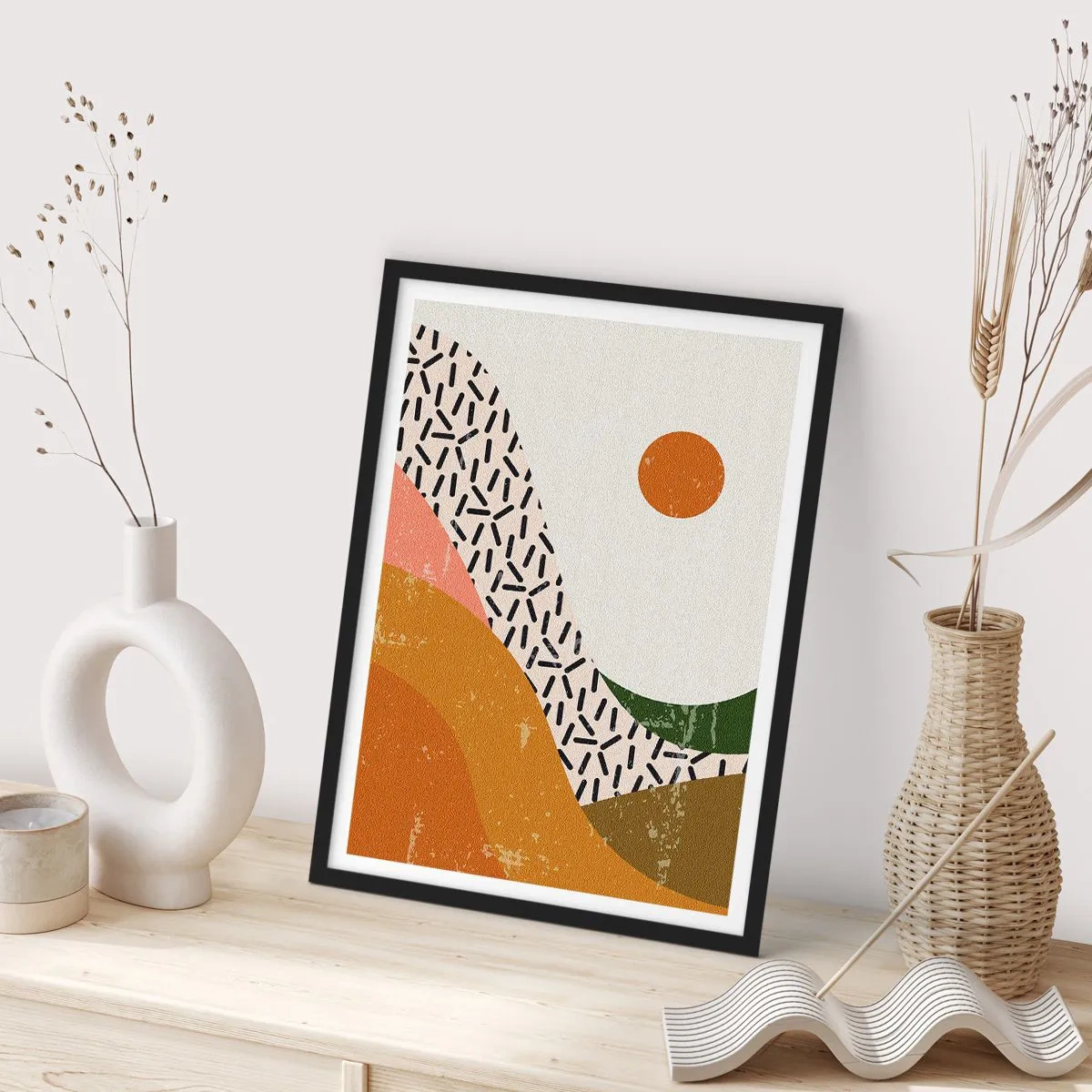 Póster en marco negro - Paisaje abstracto en colores cálidos - 50x70cm - Abstracción solar - Decoración de pared moderna para salón y dormitorio ARTTOR