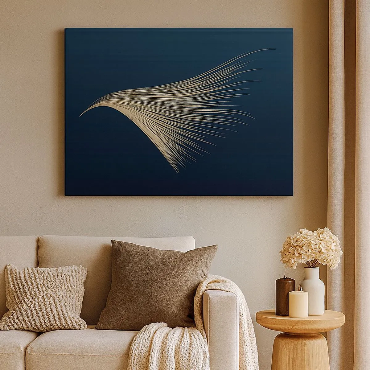 Cuadro sobre lienzo - Impresión de Imagen - Una delicada línea similar a una pluma sobre un fondo azul marino. - 70x50cm - Como el cabello de un ángel - Decoración de pared moderna para salón y dormitorio ARTTOR