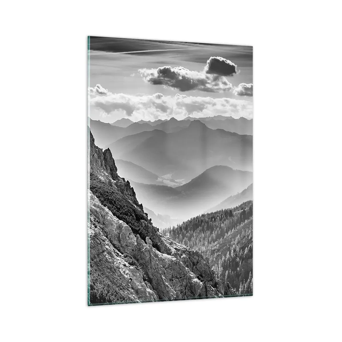 Cuadro sobre vidrio - Impresiones sobre Vidrio - Paisaje de montaña en blanco y negro con nubes sobre los picos. - 80x120cm - Hasta el horizonte - Decoración de pared moderna para salón y dormitorio ARTTOR