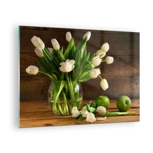 Cuadro sobre vidrio - Impresiones sobre Vidrio - Un jarrón de tulipanes blancos y manzanas verdes sobre una mesa de madera. - 70x50cm - Jugoso y fresco en verde y blanco - Decoración de pared moderna para salón y dormitorio ARTTOR