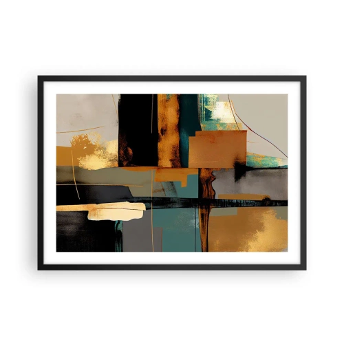 Póster en marco negro - Composición abstracta con elementos dorados y turquesas. - 70x50cm - Abstracción: luces y sombras - Decoración de pared moderna para salón y dormitorio ARTTOR