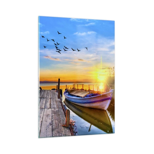 Cuadro sobre vidrio - Impresiones sobre Vidrio - Muelle de madera sobre un lago con un barco al amanecer - 50x70cm - Adiós, hasta mañana - Decoración de pared moderna para salón y dormitorio ARTTOR