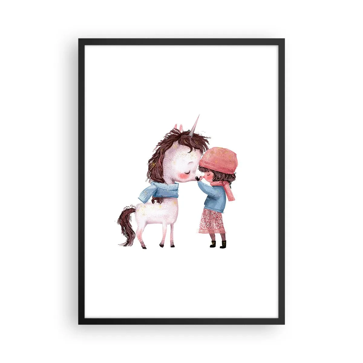 Póster en marco negro - Una niña y un unicornio con ropa de invierno se abrazan. - 50x70cm - Un cuento de invierno - Decoración de pared moderna para salón y dormitorio ARTTOR