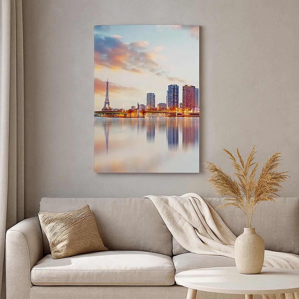 Cuadro sobre lienzo - Impresión de Imagen - Panorama de edificios modernos y la Torre Eiffel sobre el agua - 50x70cm - La calma monumental de París - Decoración de pared moderna para salón y dormitorio ARTTOR