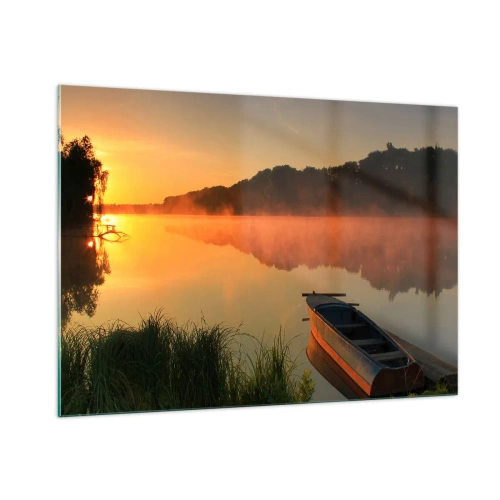 Cuadro sobre vidrio - Impresiones sobre Vidrio - Amanecer sobre un lago tranquilo con un barco en la orilla - 100x70cm - Amanecer sobre el agua como la superficie de un espejo - Decoración de pared moderna para salón y dormitorio ARTTOR