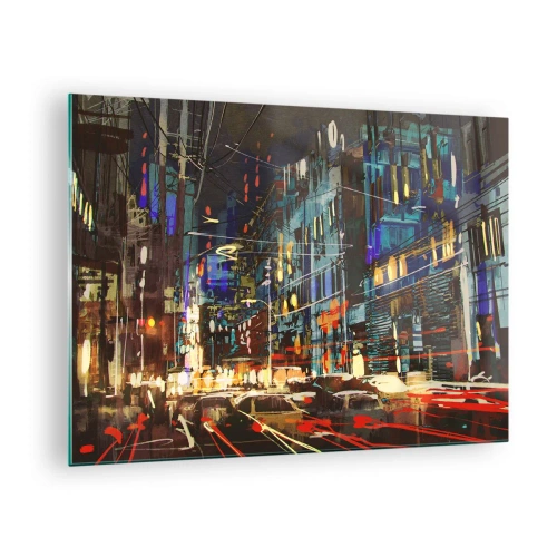 Cuadro sobre vidrio - Impresiones sobre Vidrio - Calle de la ciudad al atardecer con luces de neón y tráfico. - 70x50cm - El bullicio nocturno de la calle - Decoración de pared moderna para salón y dormitorio ARTTOR