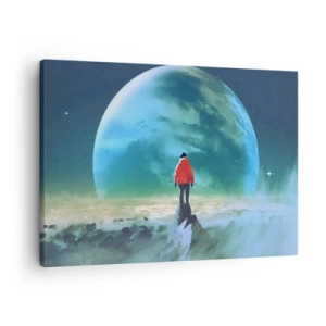Cuadro sobre lienzo - Impresión de Imagen - Un hombre con una chaqueta roja de pie frente a un gran planeta con estrellas en el fondo. - 70x50cm - Descubridor de una nueva Tierra - Decoración de pared moderna para salón y dormitorio ARTTOR