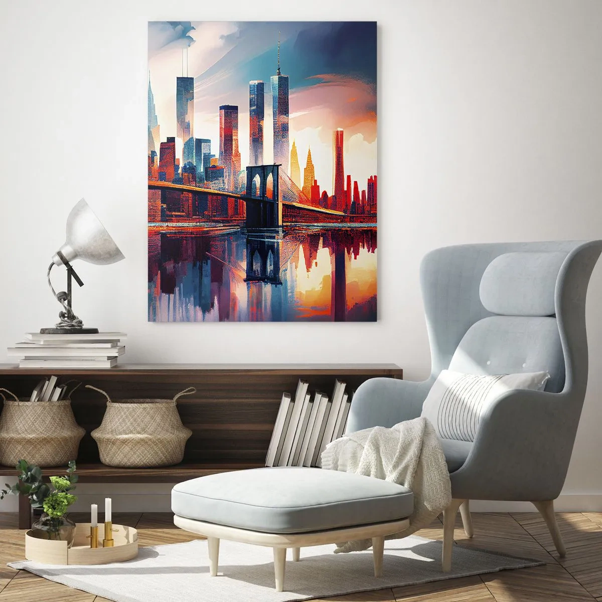 Cuadro sobre vidrio - Impresiones sobre Vidrio - Panorama de la ciudad de Nueva York con puente y reflejo en el agua - 70x100cm - Nueva York siempre luce - Decoración de pared moderna para salón y dormitorio ARTTOR