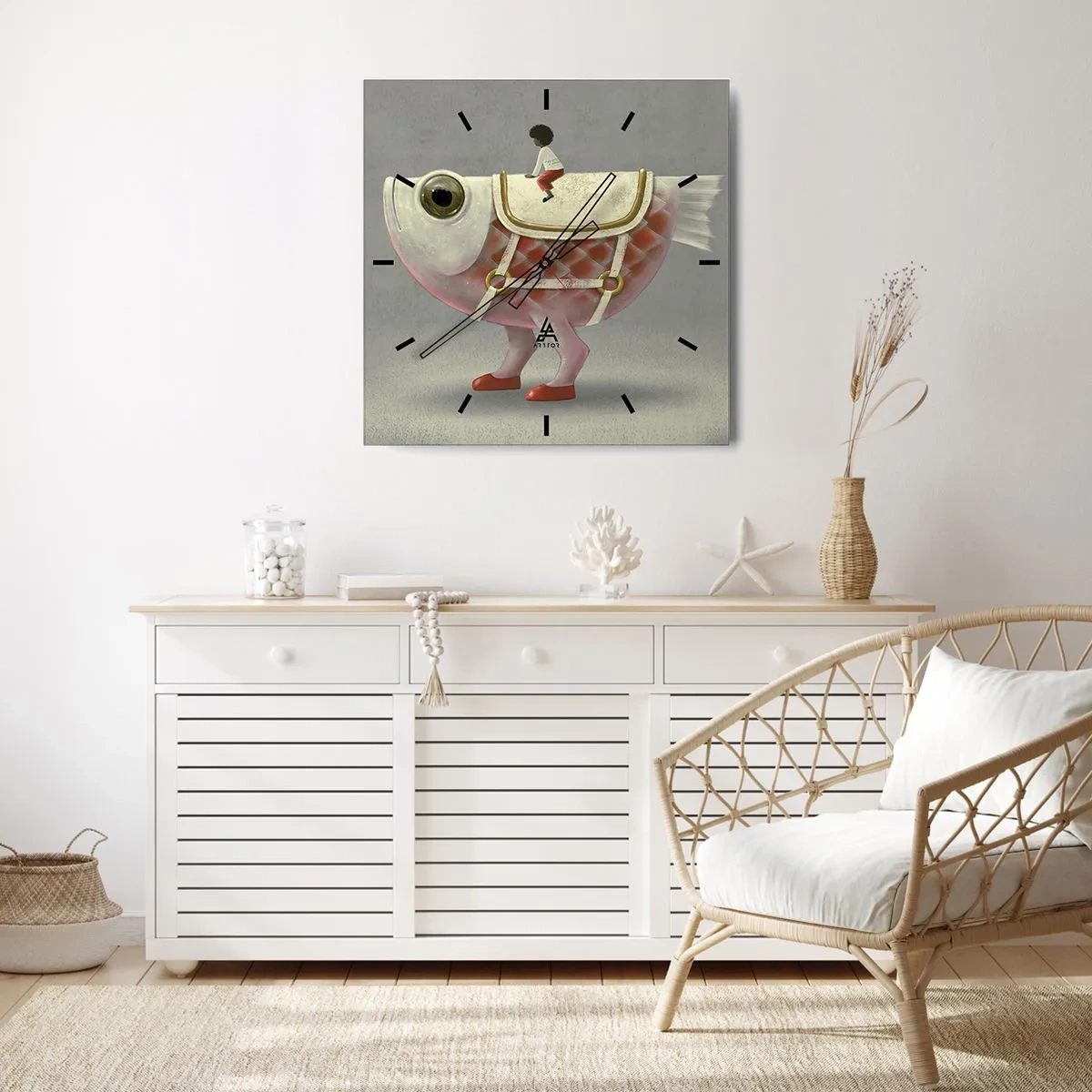 Reloj de pared - Reloj de vidrio - Un elegante jinete de pez con piernas y silla de montar. - 30x30cm - Jinete del pescado - Decoración de pared moderna para salón y dormitorio ARTTOR