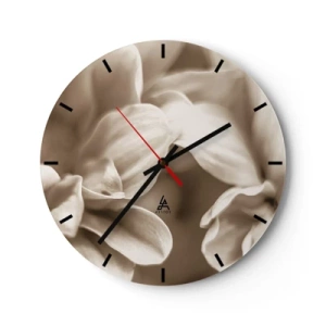 Reloj de pared - Reloj de vidrio - Primer plano de pétalos de flores de color sepia cremoso - 30x30cm - Suave como una sonrisa - Decoración de pared moderna para salón, cocina y dormitorio ARTTOR