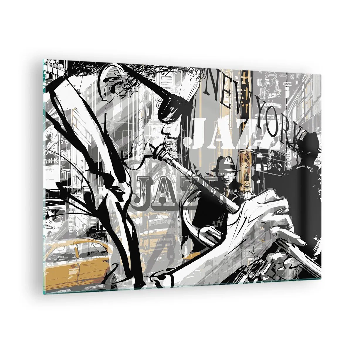 Cuadro sobre vidrio - Impresiones sobre Vidrio - Un elegante dibujo de un músico de jazz tocando la trompeta en un entorno de Nueva York. - 70x50cm - Al ritmo de Nueva York - Decoración de pared moderna para salón y dormitorio ARTTOR