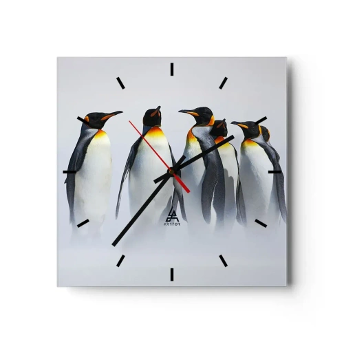 Reloj de pared - Reloj de vidrio - Un grupo de pingüinos emperador en la niebla invernal. - 30x30cm - Reunión en traje de noche - Decoración de pared moderna para salón y dormitorio ARTTOR