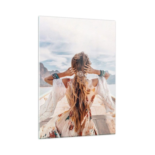 Cuadro sobre vidrio - Impresiones sobre Vidrio - Una mujer en un barco mirando hacia las montañas y el lago. - 50x70cm - Rumbo a la felicidad - Decoración de pared moderna para salón y dormitorio ARTTOR