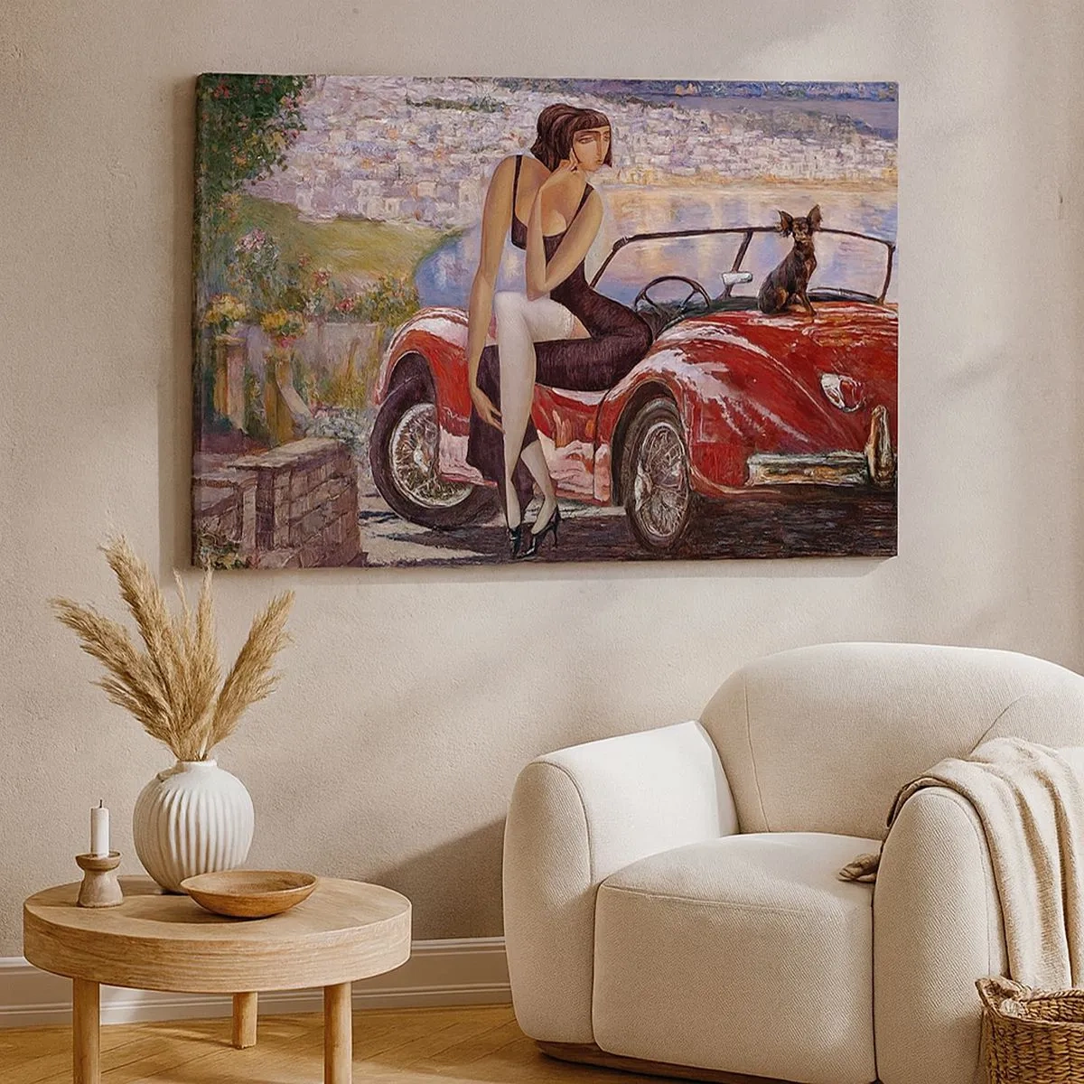 Cuadro sobre lienzo - Impresión de Imagen - Una mujer junto a un coche rojo con un pueblo al fondo - 70x50cm - Paseo veraniego - Decoración de pared moderna para salón y dormitorio ARTTOR