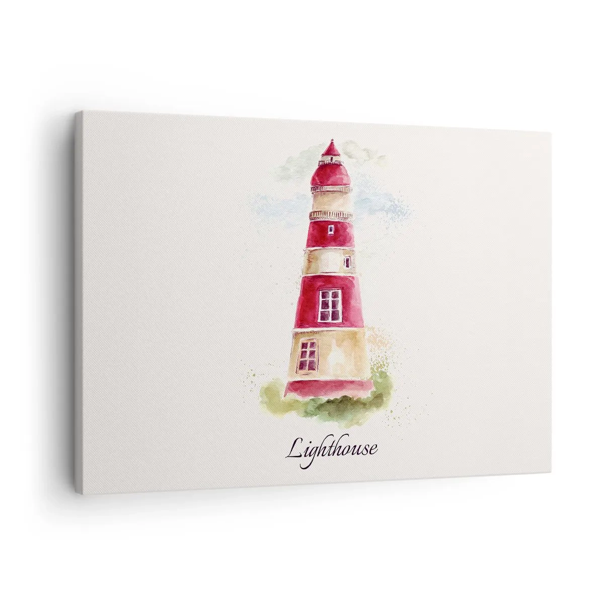 Cuadro sobre lienzo - Impresión de Imagen - Una pintura de acuarela de un faro sobre un fondo claro con una inscripción. - 70x50cm - Siempre observando - Decoración de pared moderna para salón y dormitorio ARTTOR