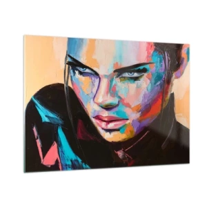 Cuadro sobre vidrio - Impresiones sobre Vidrio - Retrato de una mujer en colores vibrantes sobre un fondo abstracto. - 100x70cm - Salvaje de corazón - Decoración de pared moderna para salón y dormitorio ARTTOR
