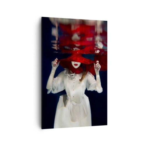 Cuadro sobre lienzo - Impresión de Imagen - Una mujer con un sombrero rojo sumergida en el agua. - 80x120cm - Blanco y rojo - Decoración de pared moderna para salón y dormitorio ARTTOR