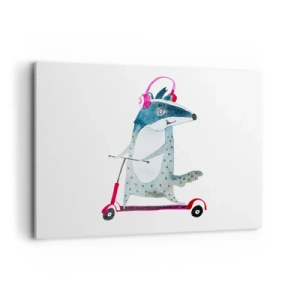 Cuadro sobre lienzo - Impresión de Imagen - Tejón en un scooter con auriculares rosas - 100x70cm - Alegrías de tejón - Decoración de pared moderna para salón y dormitorio ARTTOR
