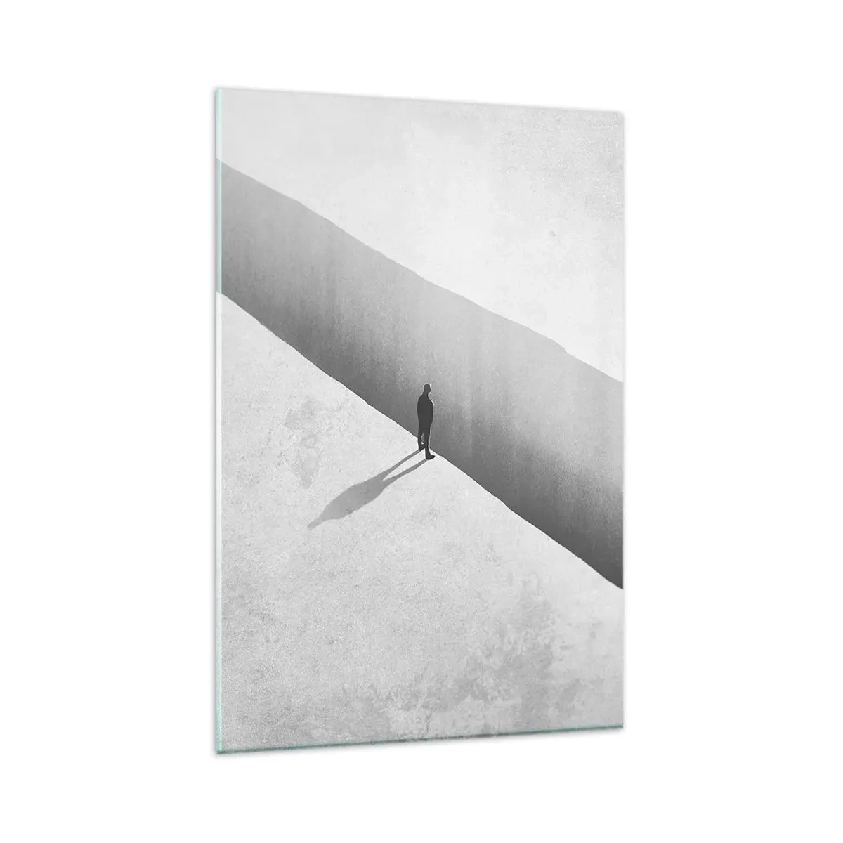 Cuadro sobre vidrio - Impresiones sobre Vidrio - Una figura solitaria se encuentra sobre un profundo abismo en un entorno monocromático. - 80x120cm - Sin un destino claro - Decoración de pared moderna para salón y dormitorio ARTTOR