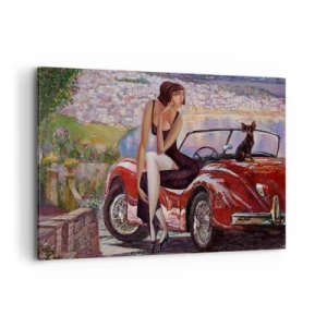 Cuadro sobre lienzo - Impresión de Imagen - Una mujer junto a un coche rojo con un pueblo al fondo - 120x80cm - Paseo veraniego - Decoración de pared moderna para salón y dormitorio ARTTOR