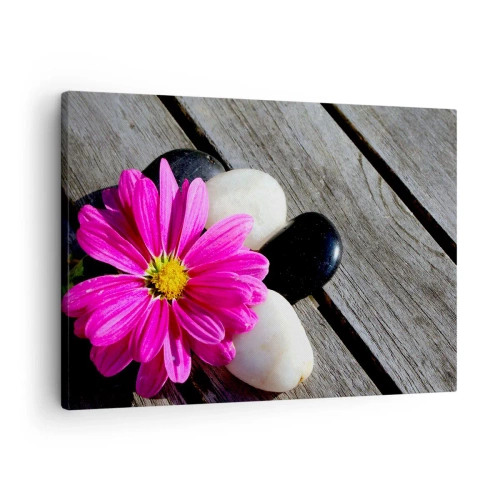 Cuadro sobre lienzo - Impresión de Imagen - Flor rosa sobre un fondo de tablas de madera con piedras. - 70x50cm - Descansando en el muelle - Decoración de pared moderna para salón y dormitorio ARTTOR