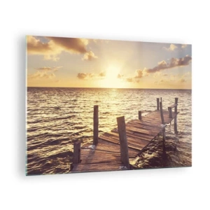 Cuadro sobre vidrio - Impresiones sobre Vidrio - Un embarcadero de madera con el sol poniente como telón de fondo - 70x50cm - Una tierra dorada de dulzura - Decoración de pared moderna para salón y dormitorio ARTTOR