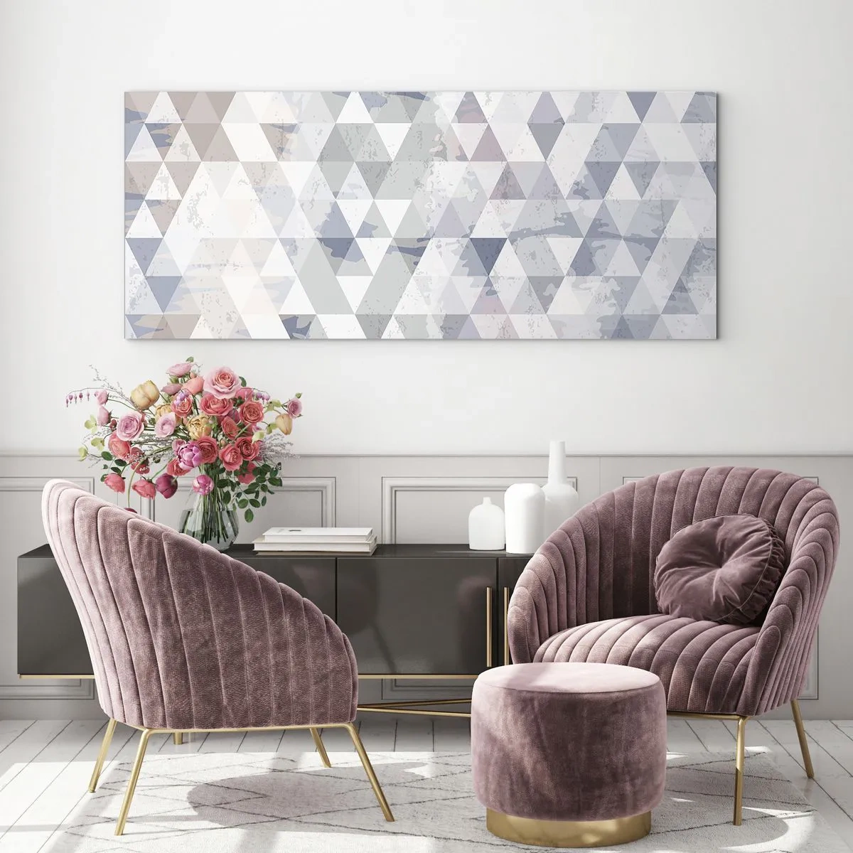 Cuadro sobre vidrio - Impresiones sobre Vidrio - Patrón de triángulo geométrico en tonos pastel - 140x50cm - A ritmo de triángulo - Decoración de pared moderna para salón y dormitorio ARTTOR