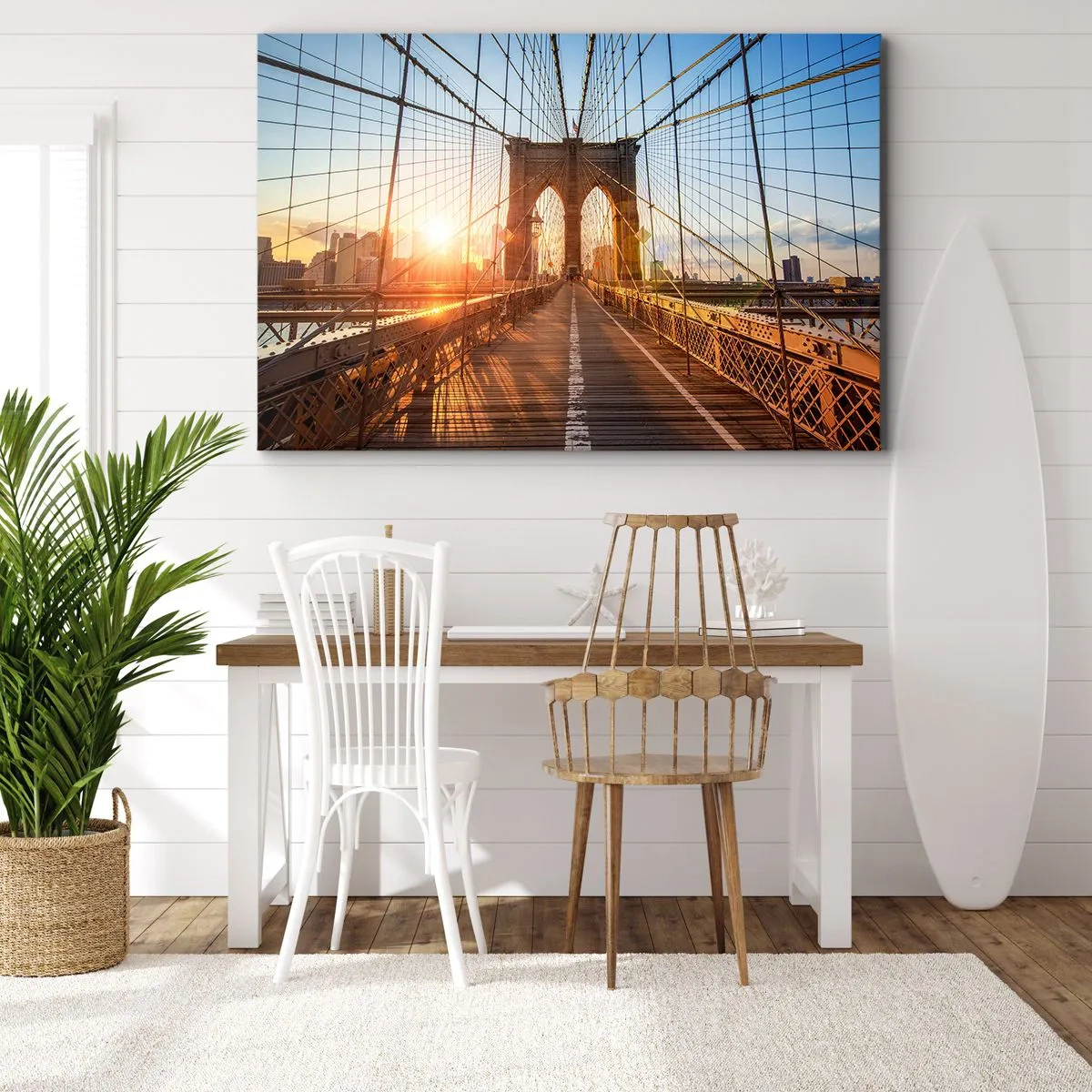Cuadro sobre lienzo - Impresión de Imagen - El puente a la luz del sol poniente con vistas a la ciudad. - 70x50cm - En el puente dorado - Decoración de pared moderna para salón y dormitorio ARTTOR