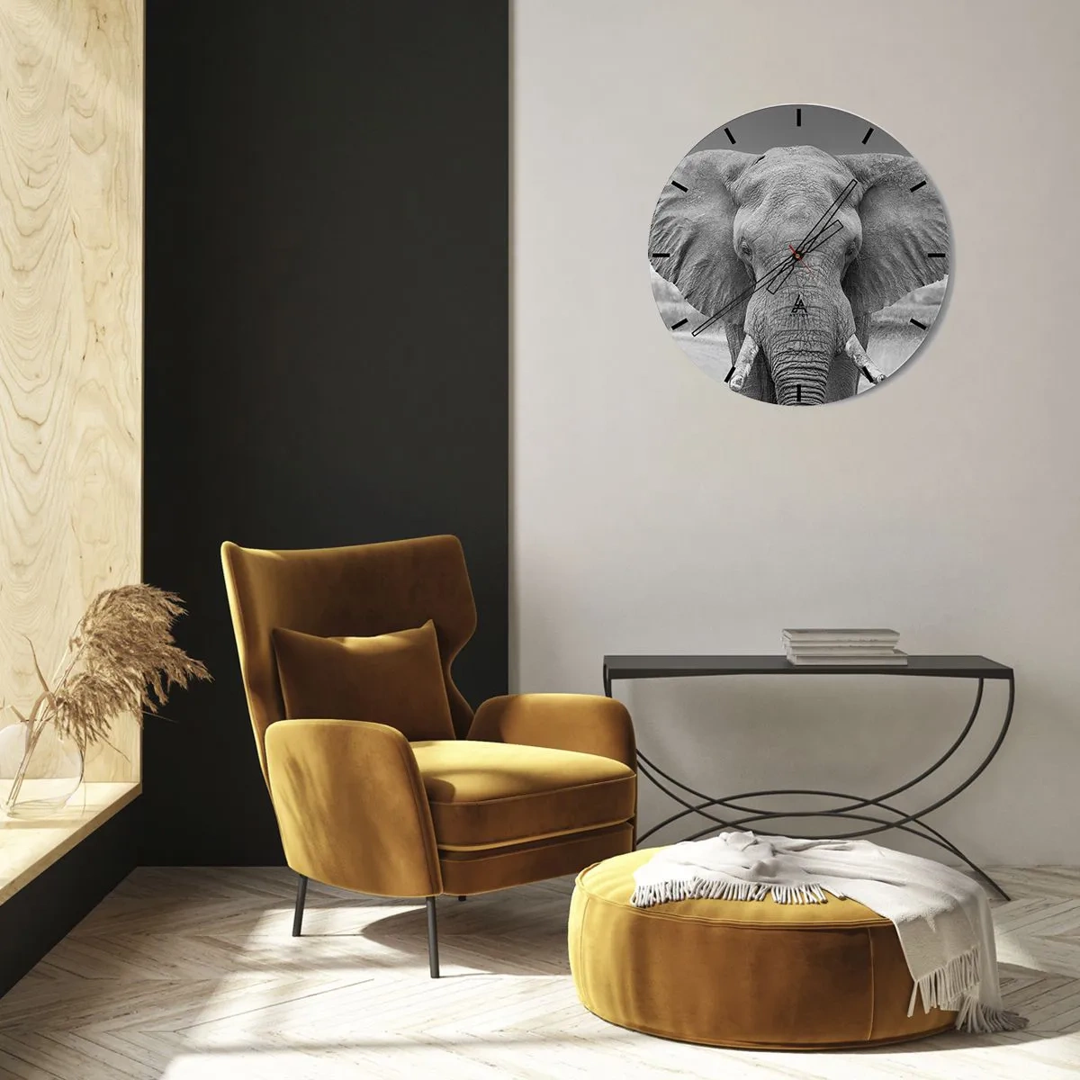 Reloj de pared - Reloj de vidrio - Una fotografía en blanco y negro de un elefante mirando directamente a la cámara. - 30x30cm - Bienvenido a mi mundo - Decoración de pared moderna para salón, cocina y dormitorio ARTTOR