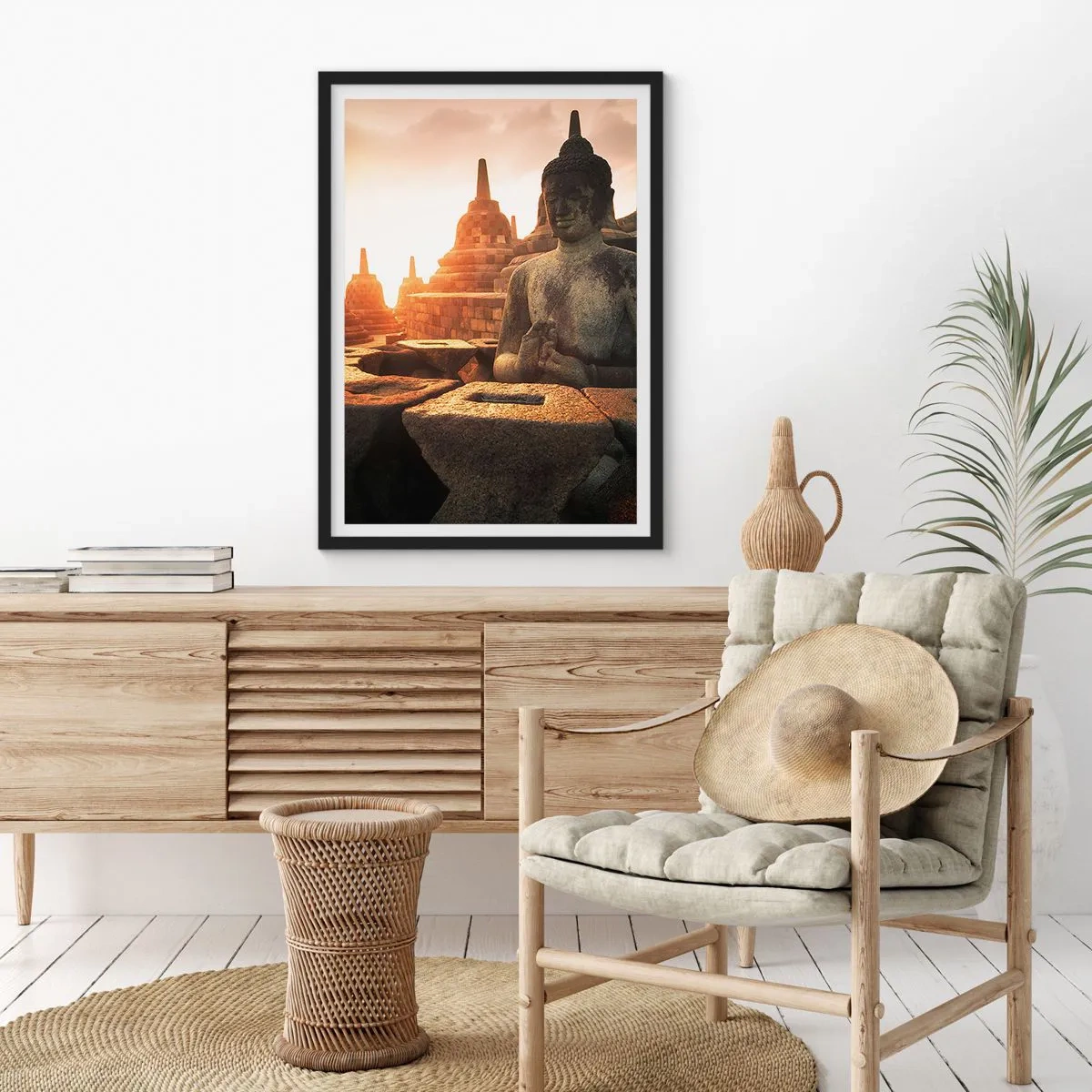 Póster en marco negro - Estatua de Buda con templos al fondo al atardecer - 50x70cm - Tiempo de gran sabiduría - Decoración de pared moderna para salón y dormitorio ARTTOR