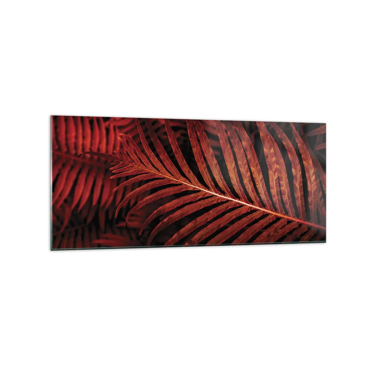 Cuadro sobre vidrio - Impresiones sobre Vidrio - Primer plano de hojas tropicales rojas - 120x50cm - Las brasas de la vida - Decoración de pared moderna para salón y dormitorio ARTTOR